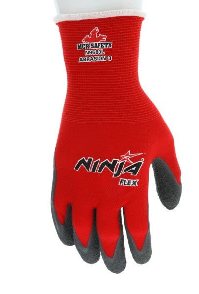Ninja® Flex Work Gloves 15 Gauge Red Nylon Shell Gray Latex Coated Palm and Fingertips, L