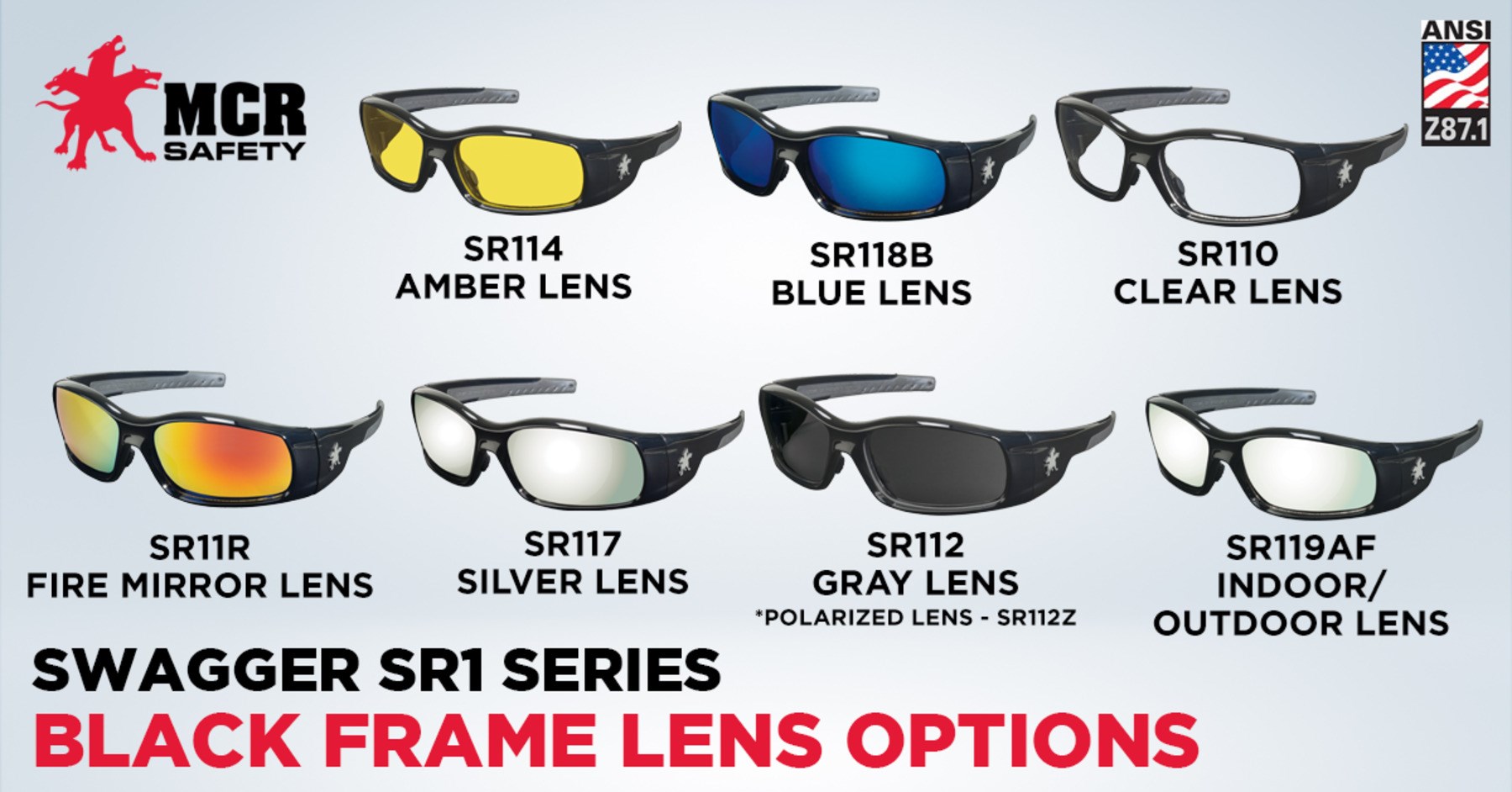 Crews SR117 MCR Swagger Safety Glasses Black Frame Silver Mirror Lens 