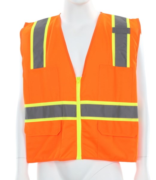 Luminator® Series Hi-Vis Reflective Orange Safety Vest ANSI/ISEA 107 2020 Type R Class 2 Solid Fabric with 3-Inch Lime Silver Stripes Zipper Front Closure, L
