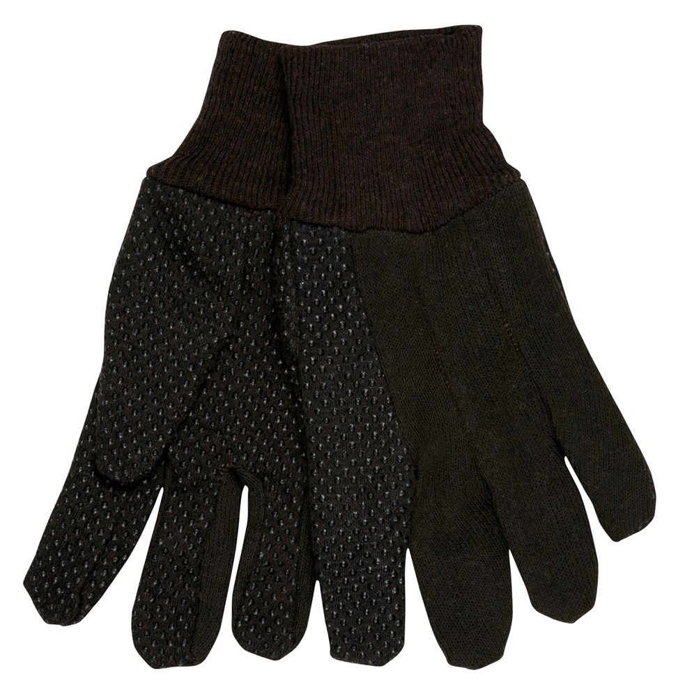 Brown Jersey Work Gloves Clute Pattern with Knit Wrist Cotton Polyester Blend Dotted Palm, Thumb, and Index Finger Small or Ladies Sized