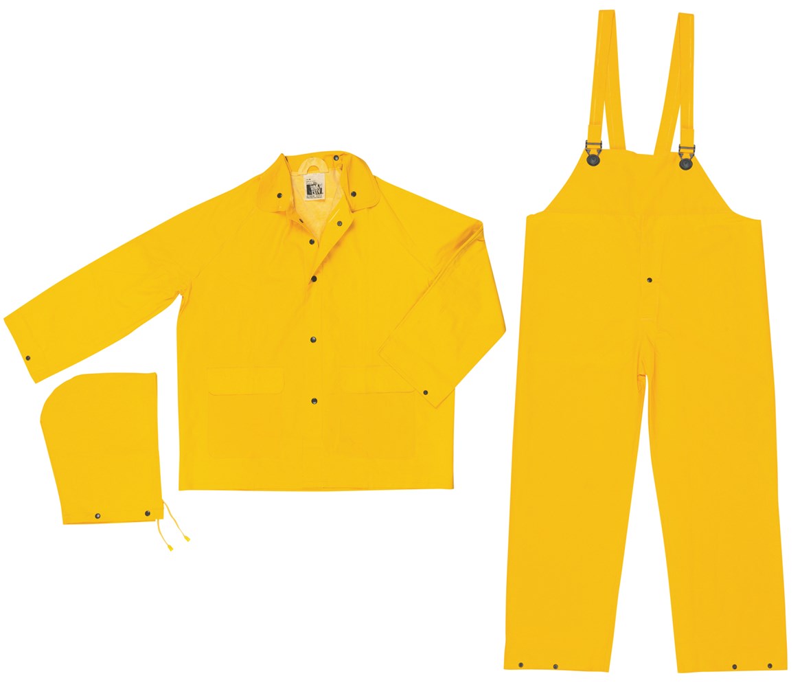 Classic Series Rain Gear .35mm PVC / Polyester Material 3 Piece Waterproof Yellow Rain Suit Rain Jacket, Detachable Hood and Bib Pants, M