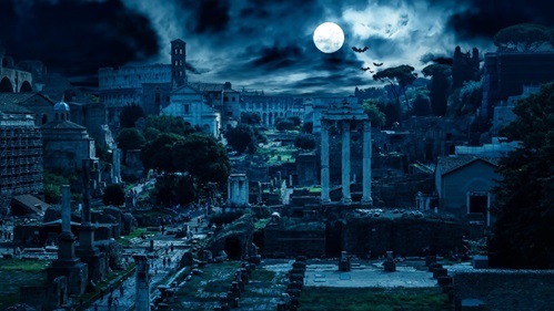Scary night sky with full moon and bats flying