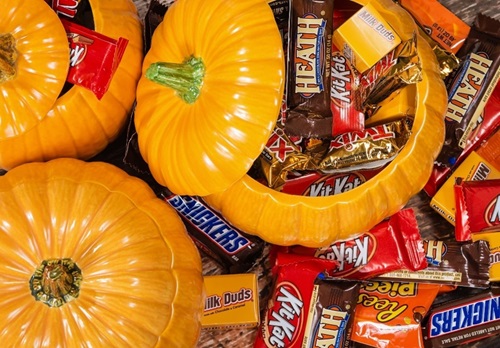 Halloween candy inside toy pumpkins