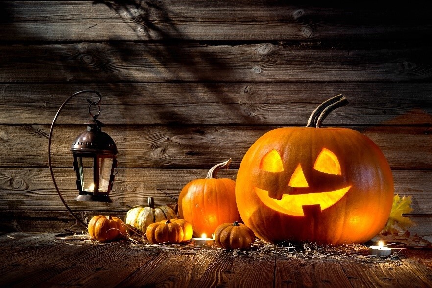 Halloween pumkins on wooden floor