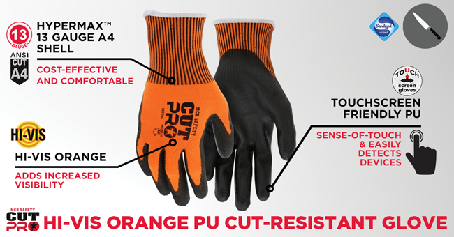 Marketing graphic showing MCR Safety black and orange glove 92724