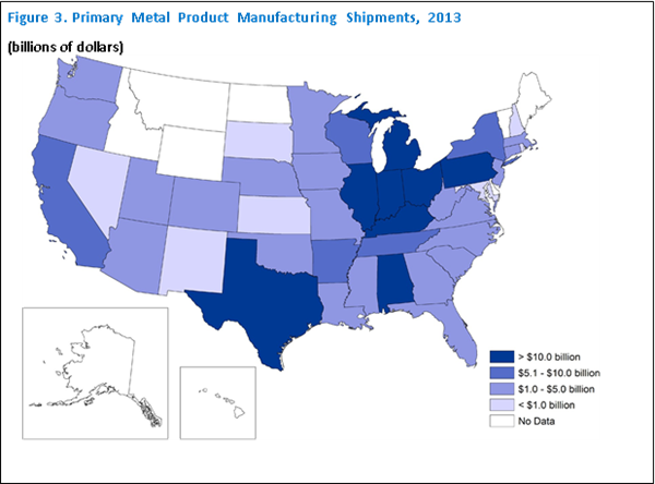 Census Bureau’s US map showing states heavily engaged in primary metal manufacturing