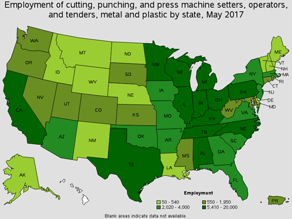 Employment of cutting & press machine setters by state