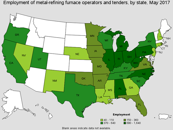 Employment of Metal-Refining Furnace Operators and Tenders by State