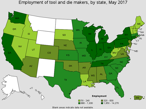 Employment of Tool and Die Makers by State