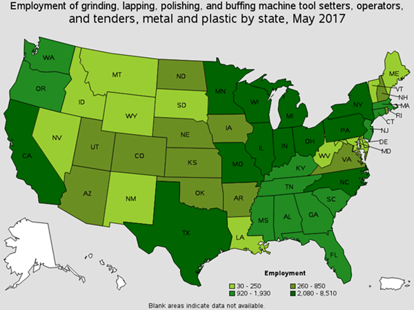 Employment of Grinding, Lapping, Polishing and Buffing Machine Tool Setters / Operators by State