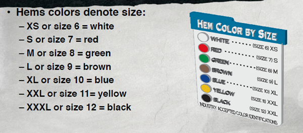 Size chart by hem color